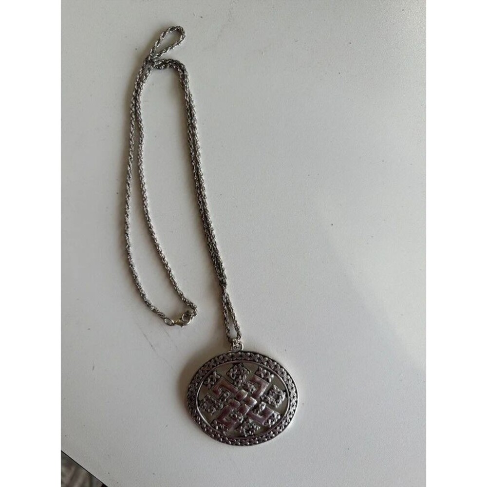Large Silver-Tone Tibetan Endless Knot Floral Medallion Statement Necklace